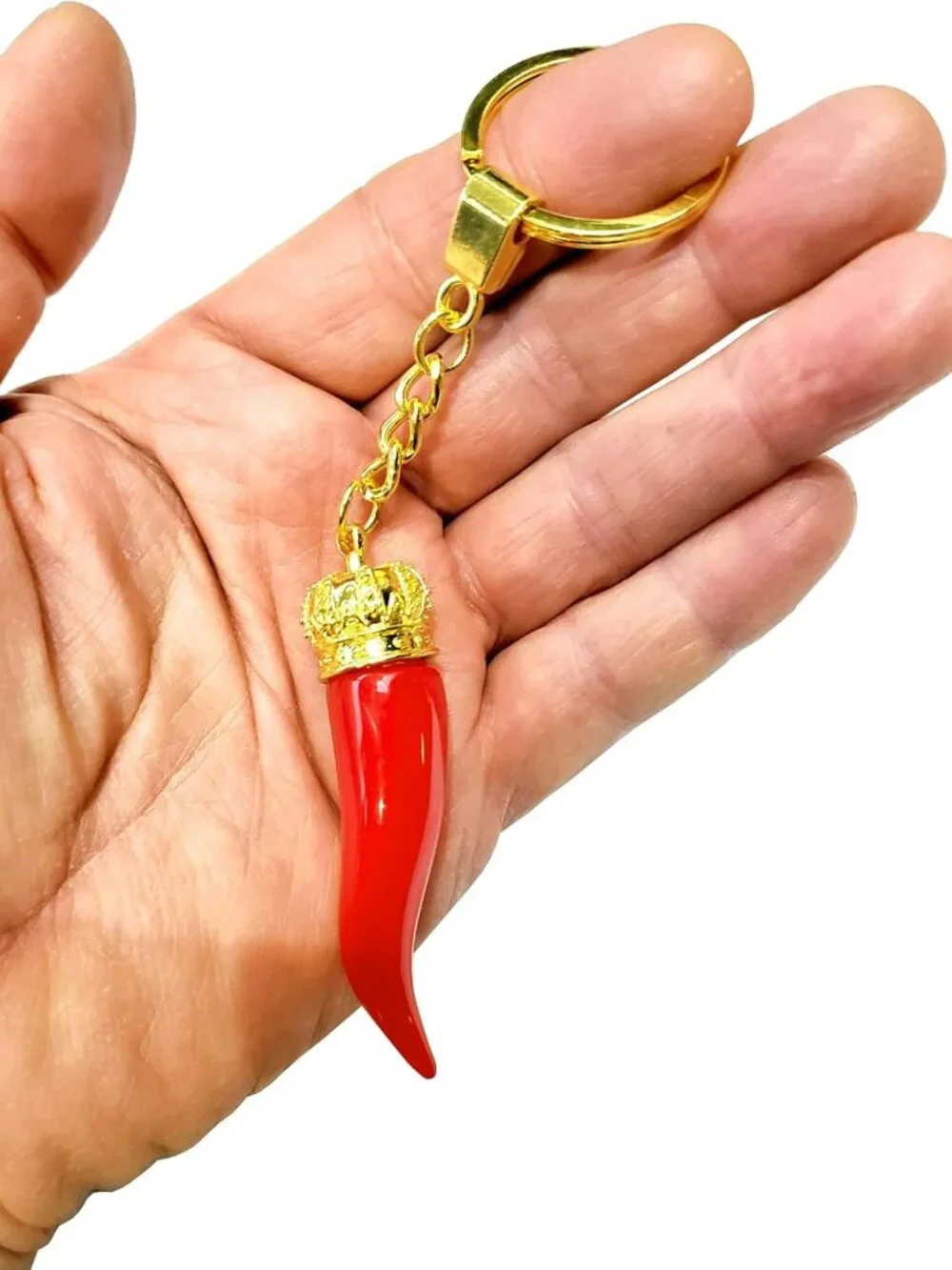 Chili Pepper Keychain with Gold Chain - Italian Red Horn Charm for Good Luck